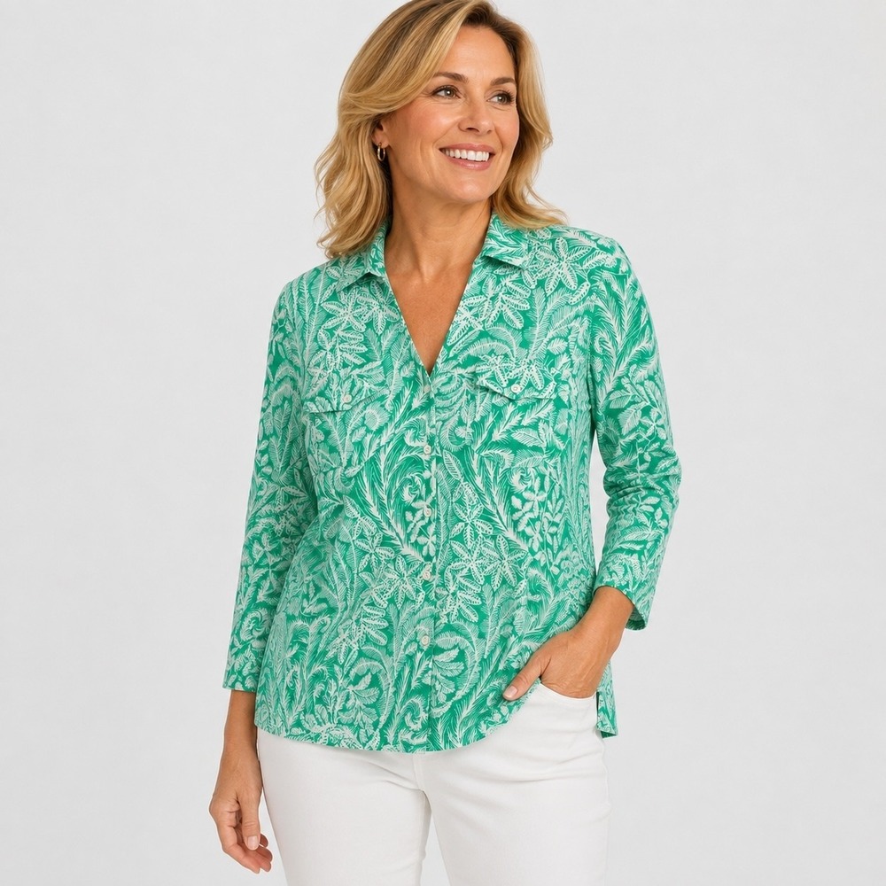 J McLaughlin Linen Knit Top Womens S Green Button Up 3/4 Sleeve Stretch Resort